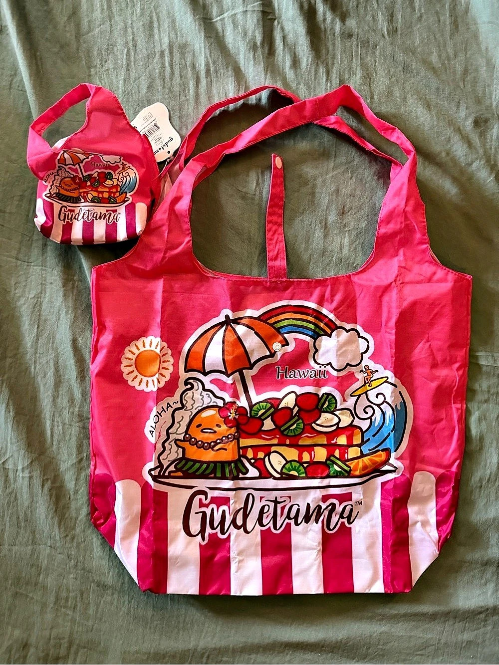 Sanrio Gudetama Hawaii Reusable Shopping Bag with Pouch Pink & White